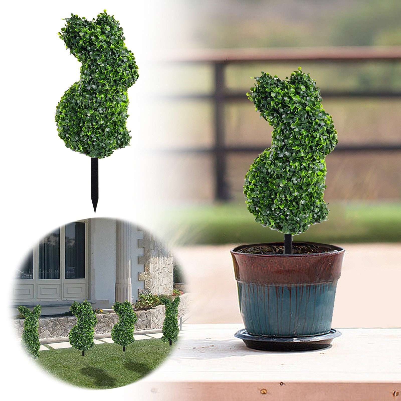 Flat Rabbit Shaped Topiary Trees - High Artificial Boxwood Swaying Ears Green Ground Plug Bunny Topiary Outdoor Indoor Easter Decor Tree 28.7In